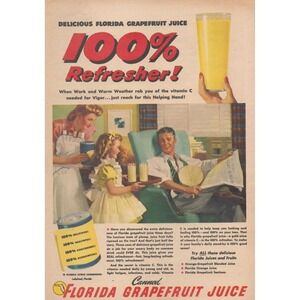 1946 Florida Grapefruit Juice 100 Percent Refresher Vintage Print Ad Mid Century